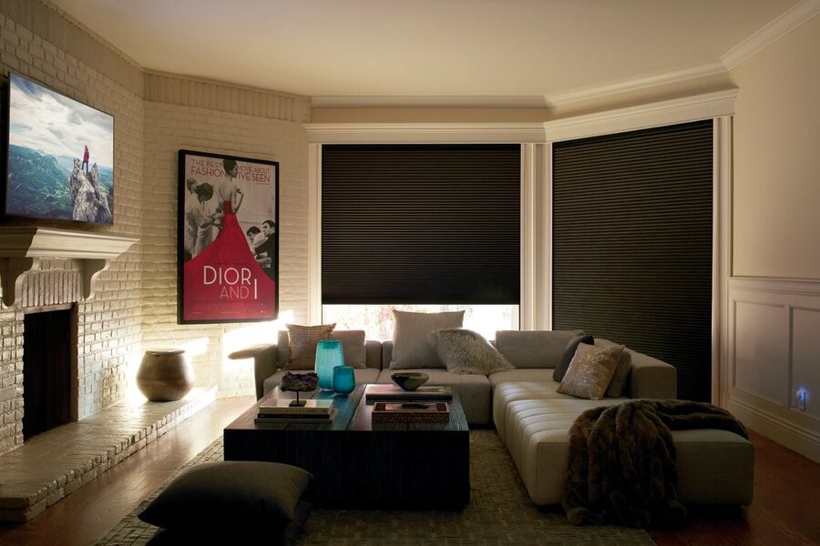  A media room with a TV screen benefiting from lowered motorized shades blocking the sunlight.